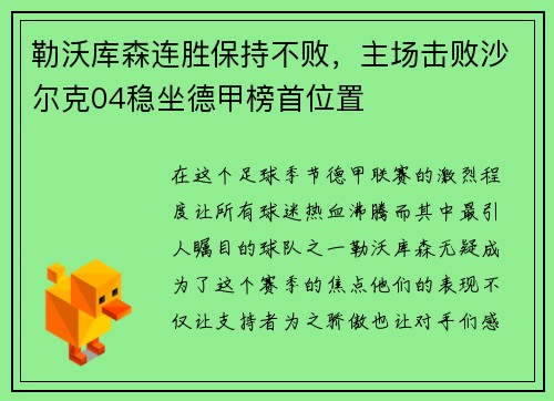 勒沃库森连胜保持不败，主场击败沙尔克04稳坐德甲榜首位置
